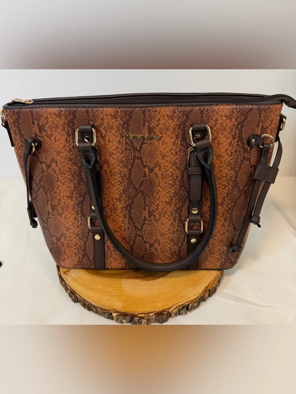 Montana West handbag tote‎ brown snakeskin embossed print vegan leather large